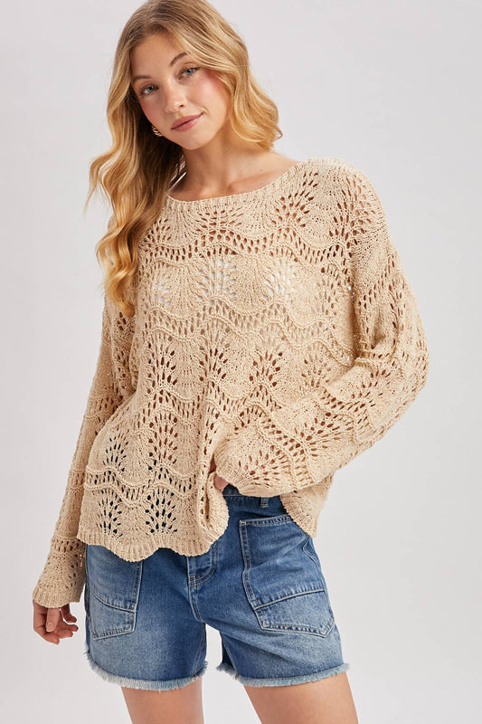 Sara Scalloped Hem Open Knit Sweater ~ Natural