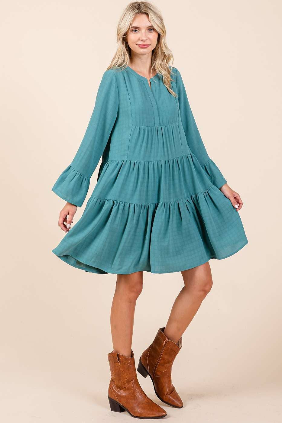 Becca Bell Sleeve Tiered Mini Dress ~ Seafoam