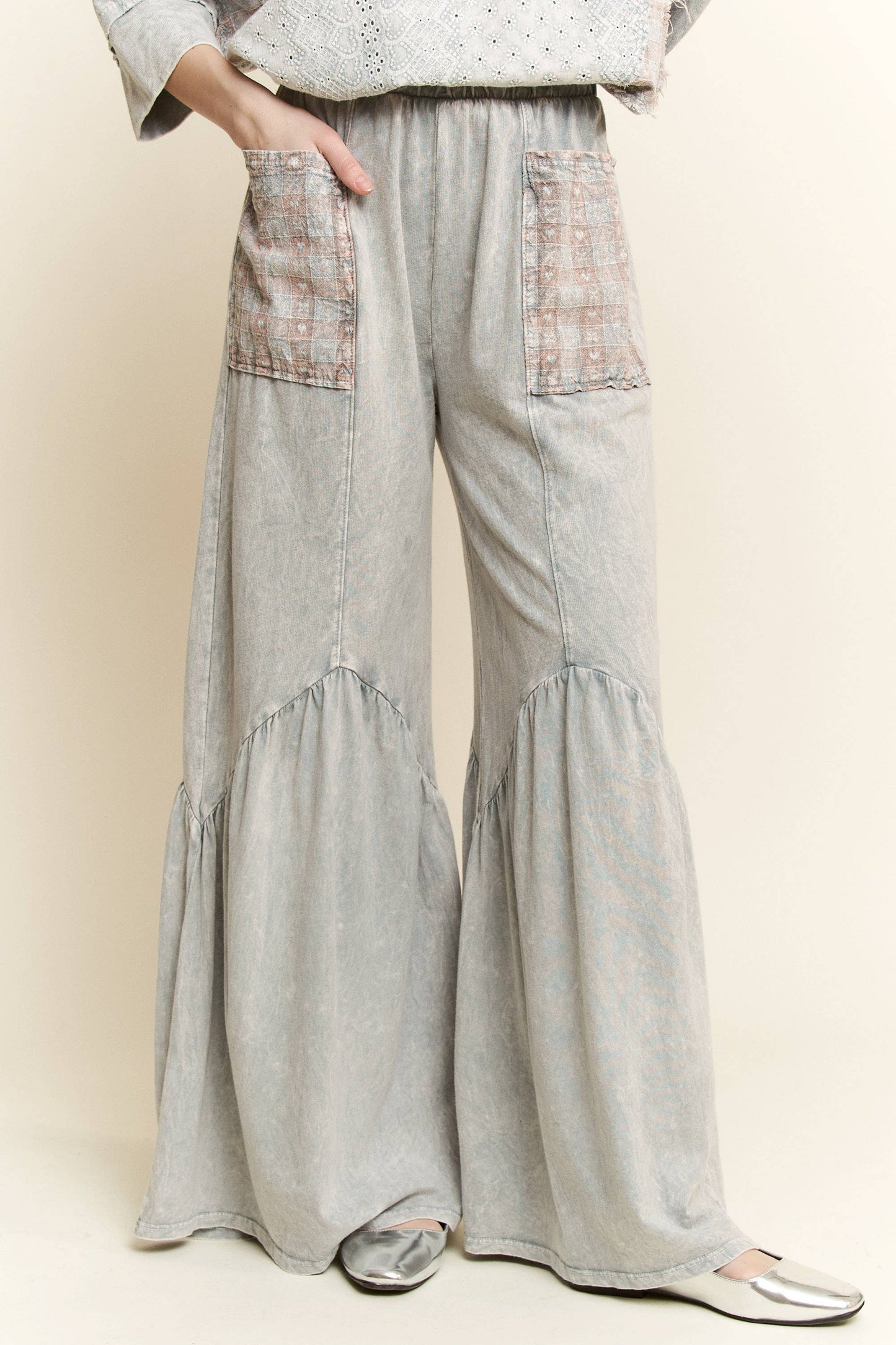 Melody Mineral Wash Heart Pocket Wide Flare Pants ~ Silver Grey