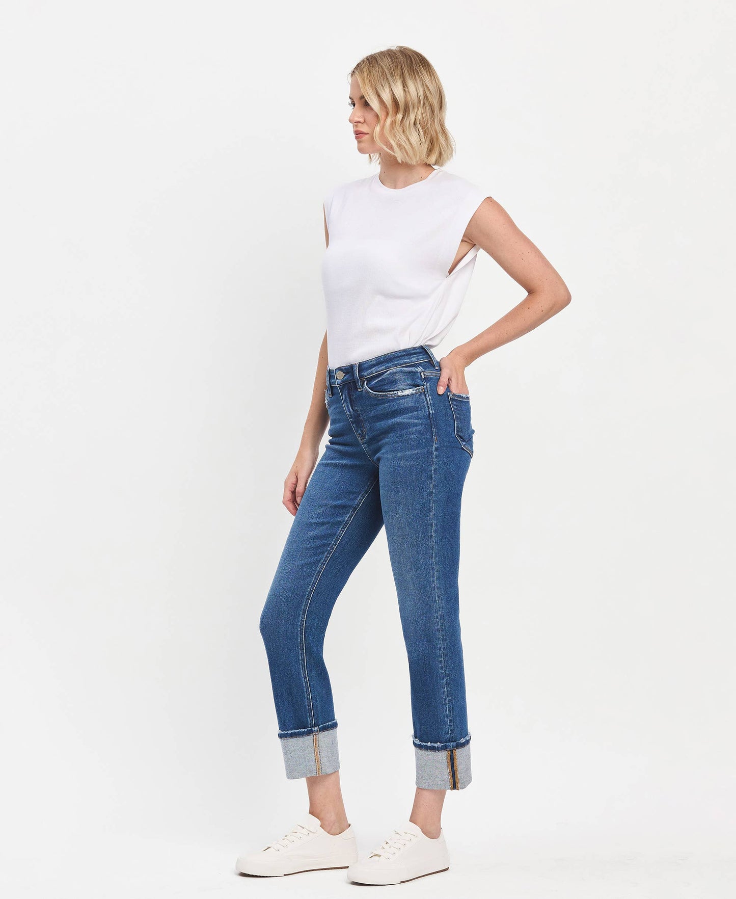 Jeanne High Rise Cuffed Slim Straight Jeans ~ Medium Denim