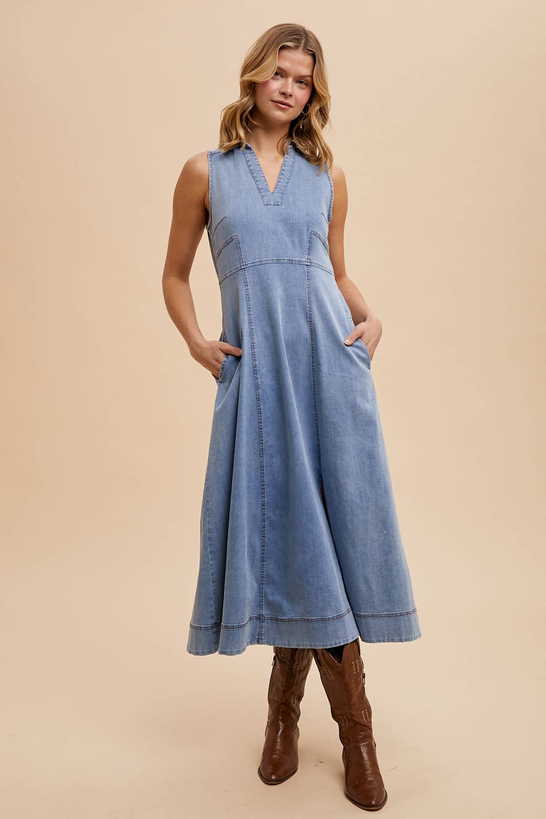 Paisley Collared Flare Midi Dress ~ Light Denim