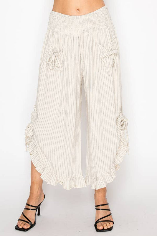 Phoebe Pinstripe Side Tie Ruffle Pants ~ Beige