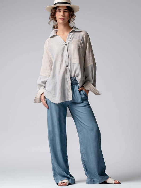 Tencel Smocked High Waist Wide Leg Side Pocket Pants ~ Light Denim