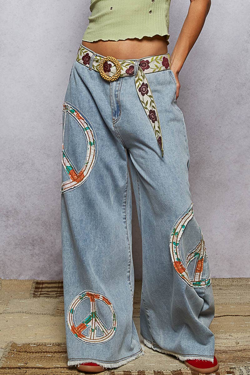 POL Piper Peace Patch Wide Pants ~ Light Denim