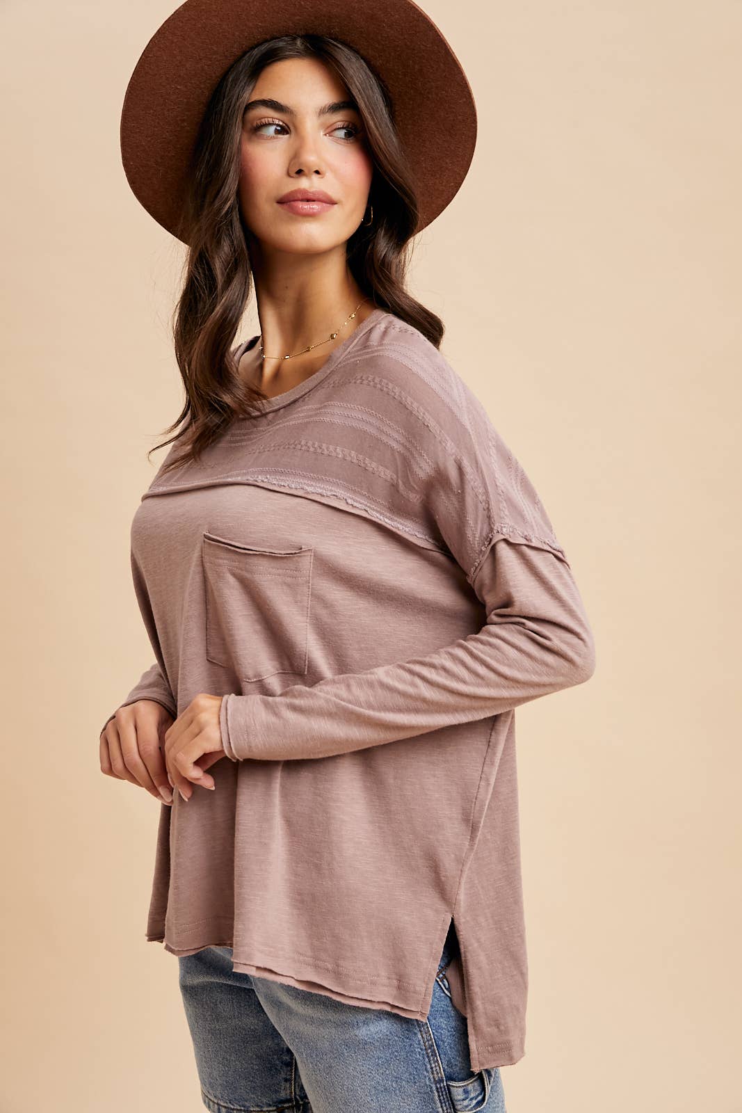 Emily Embroidered Panel Pocket Top ~ Mauve Taupe