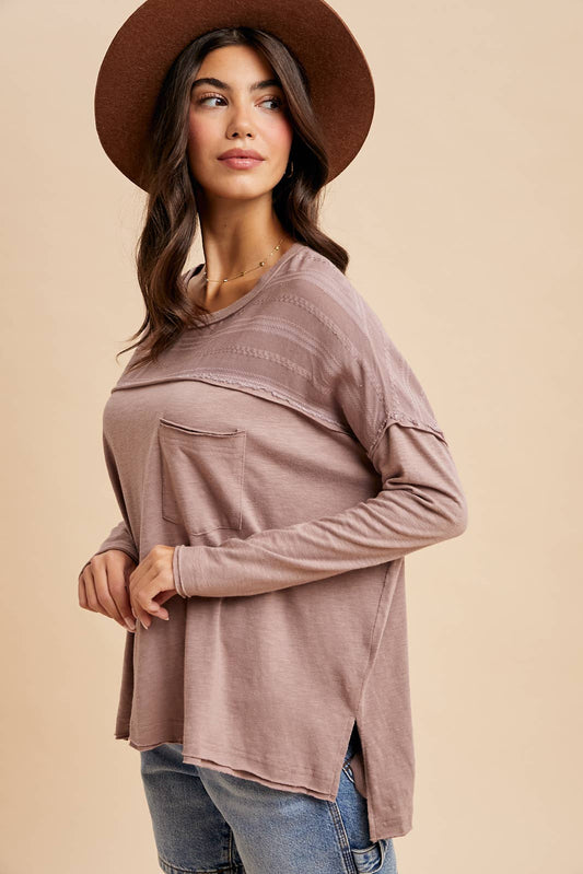 Emily Embroidered Panel Pocket Top ~ Mauve Taupe