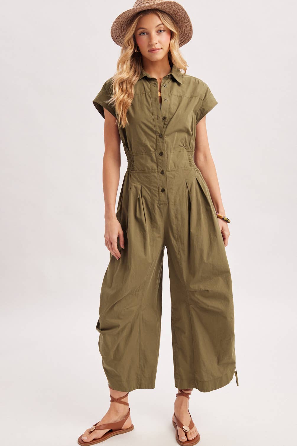 Megan Button Down Utility Jumpsuit ~ Olive
