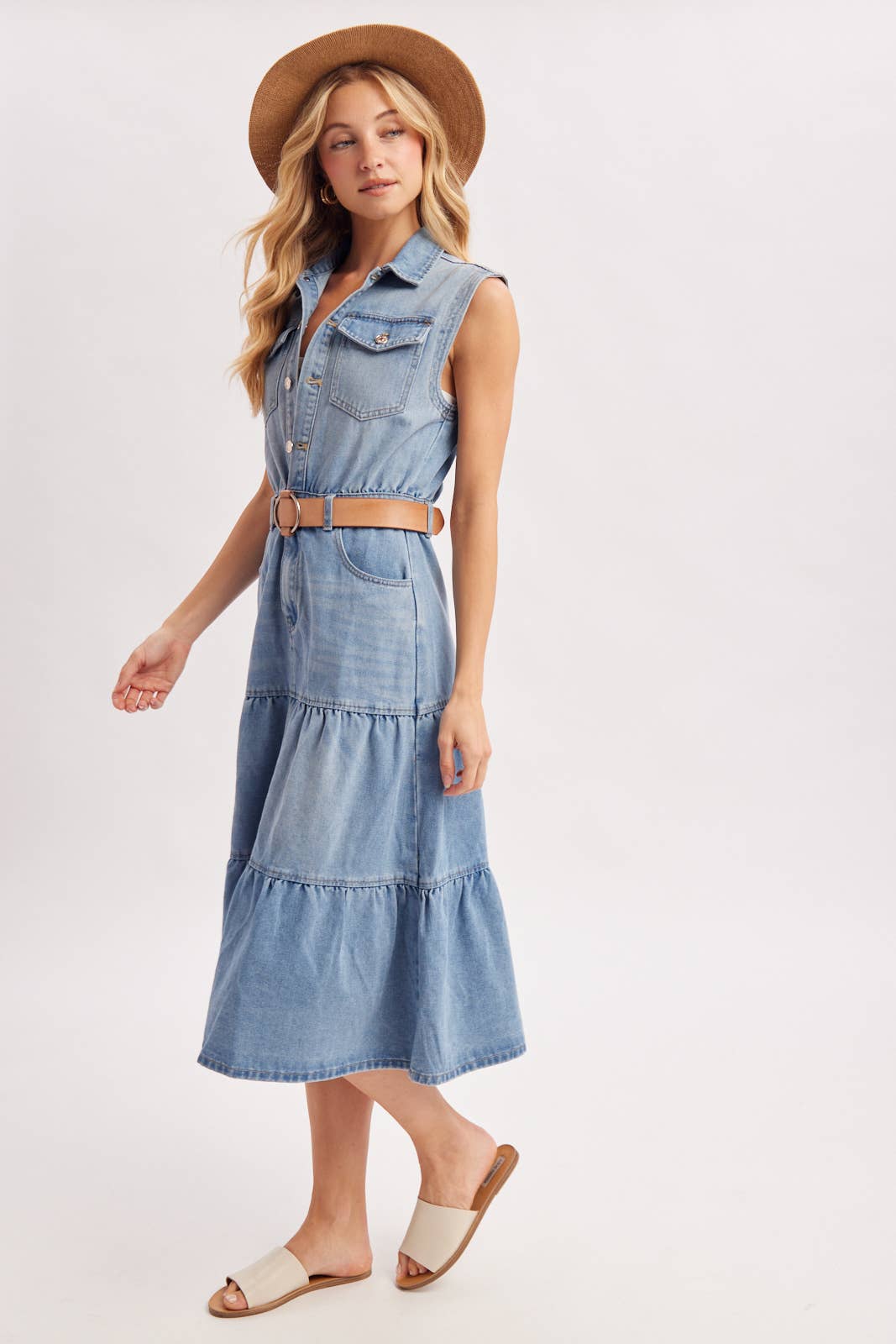 Devon Tiered Sleeveless Shirt Midi Dress ~ Light Denim