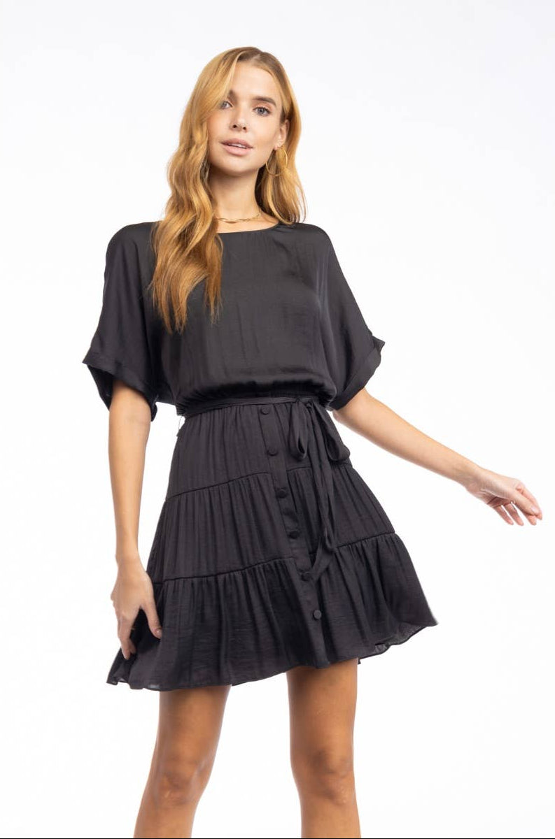 Willow Front Button Tiered Mini Dress ~ Black