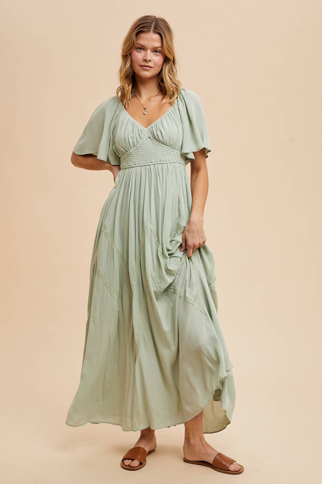 Lauren Lace Overlay Smocked Flutter Sleeve Maxi Dress ~ Lime Cream