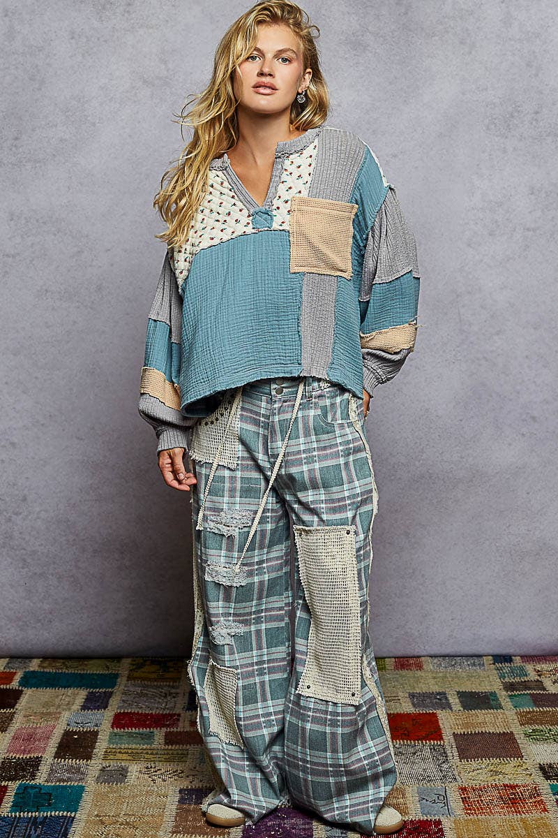 POL Gauze Contrast Quilted Rib Knit Top ~ Azure Blue