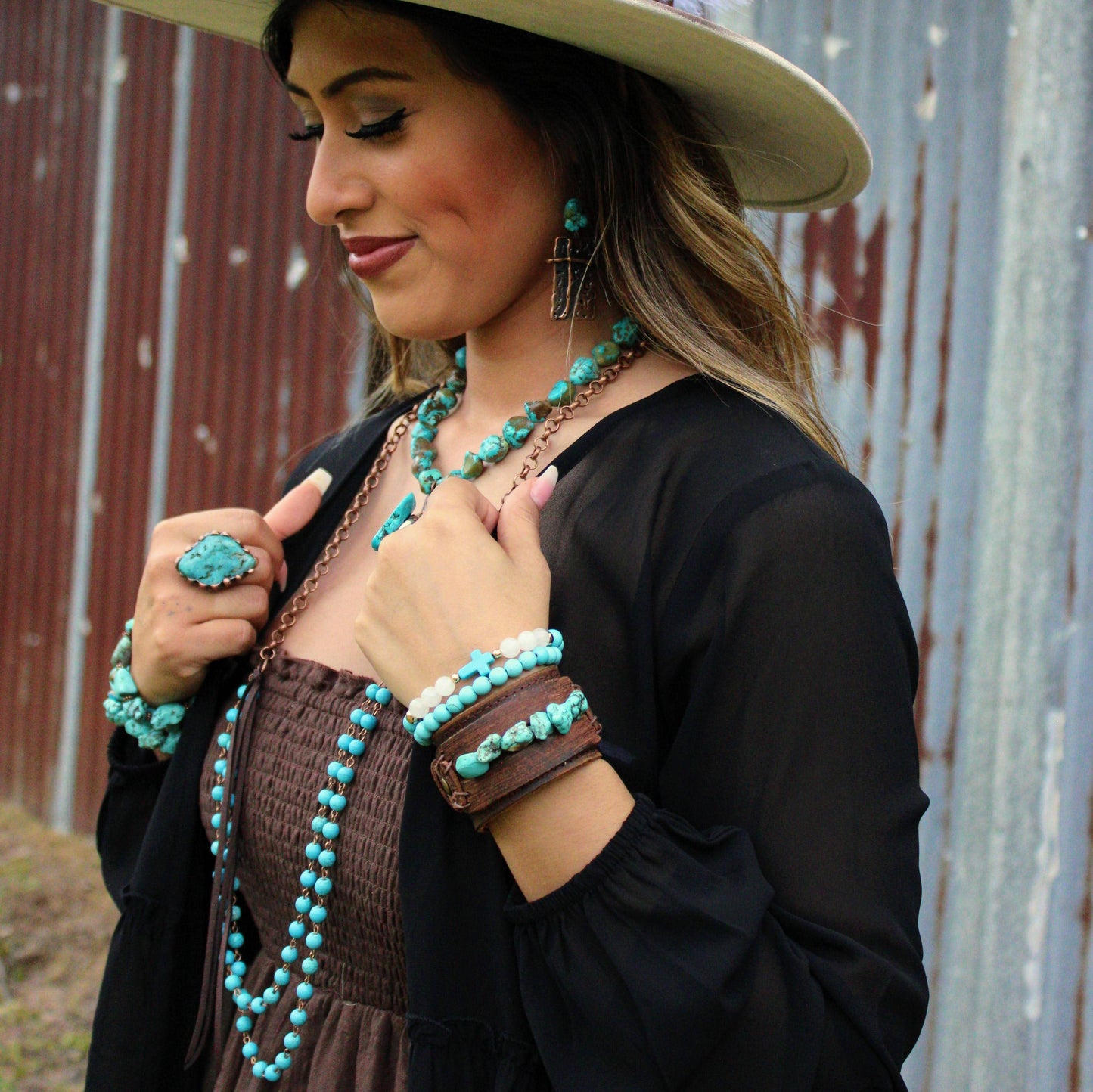 Blue Turquoise Beaded Necklace Leather Tassel