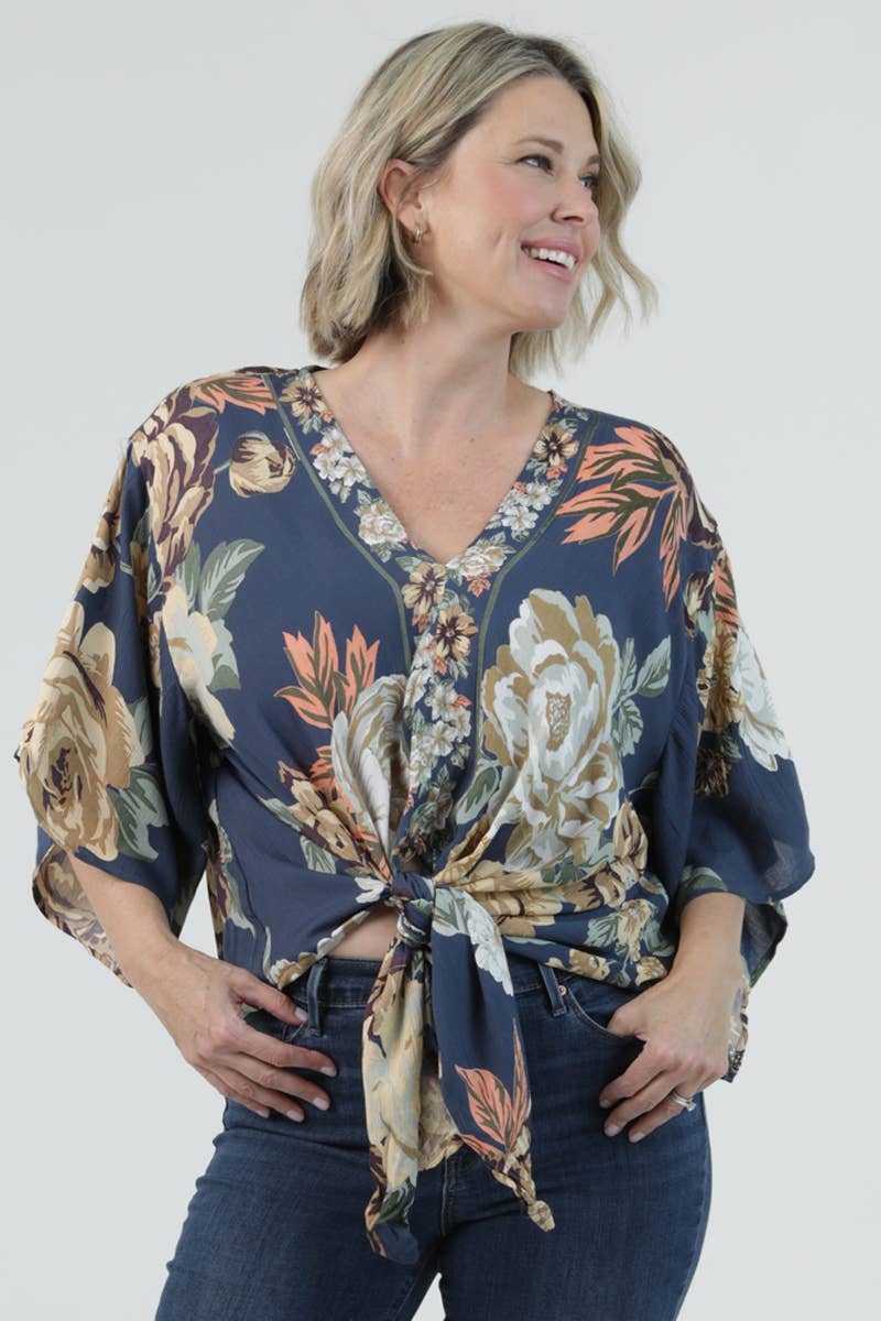 Shelia V Neck Tie Front Floral Top ~ Navy