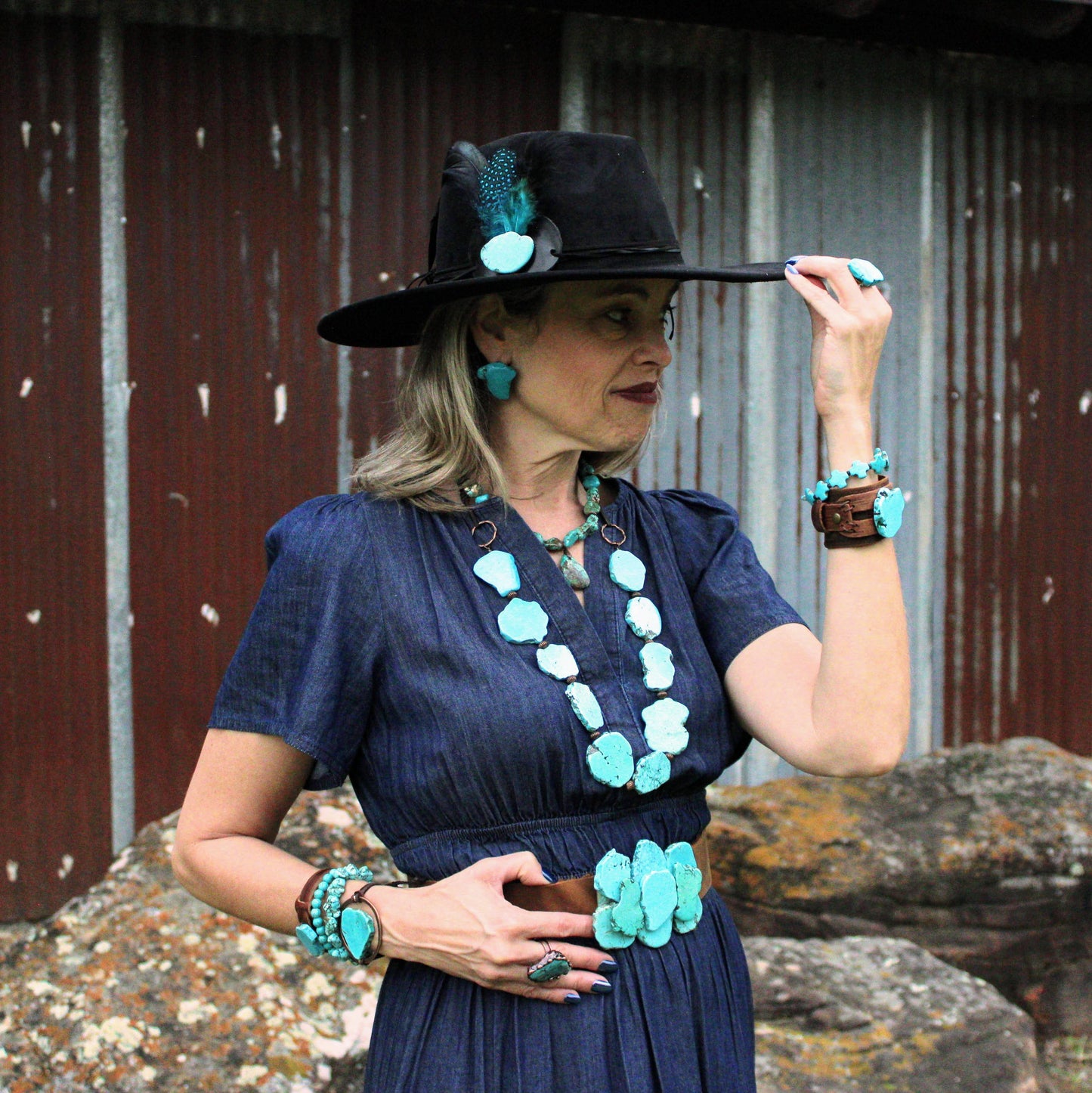 Blue Turquoise Western Slab Necklace