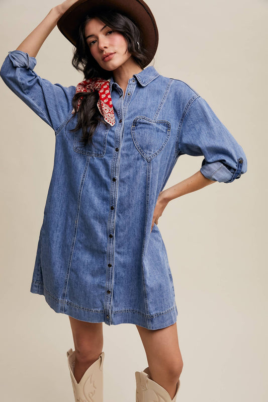 Dana Denim Heart-Pocket Shirt Dress ~ Daylight Denim