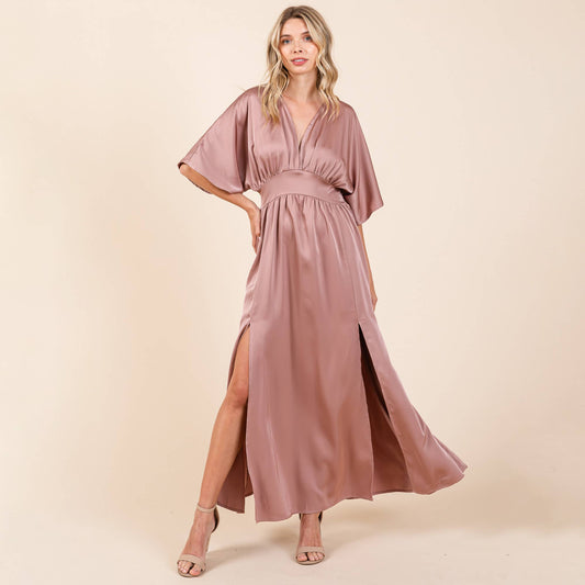 Selma Satin Kimono Maxi Dress ~ Dusty Rose