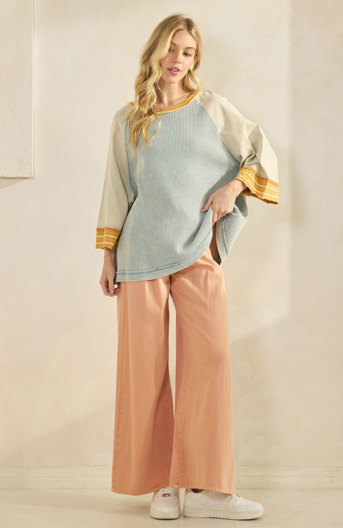 Bonnie Boho Waffle Knit Raglan Top ~ Dusty Blue