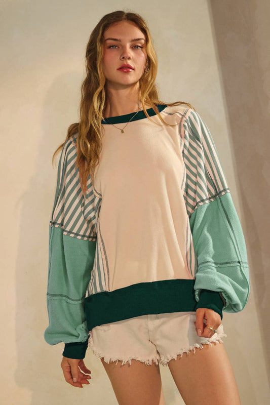 Penelope Polar Fleece Color Block Pullover ~ Mint/Cream