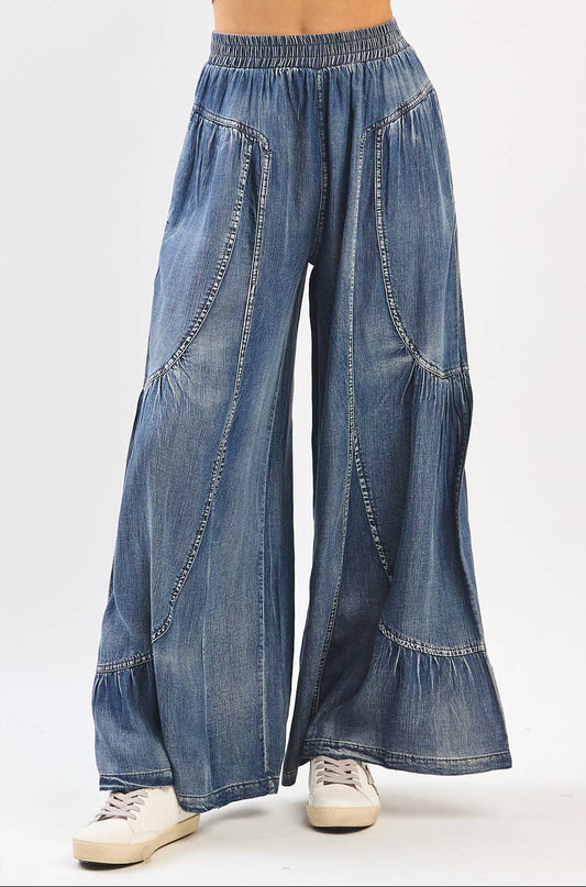 Katie Washed Chambray Wide Leg Pants ~ Dark Denim
