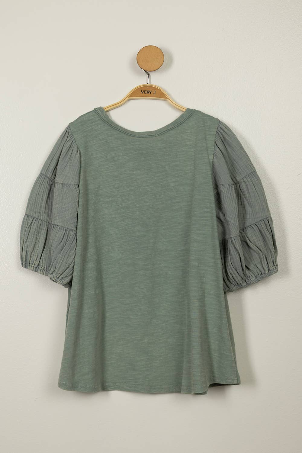 Poppy Mineral Washed Puff Sleeve Top ~ Sage