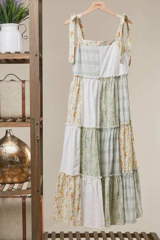 Paisley Patchwork Tie-Shoulder Tiered Maxi Dress ~ Ivory