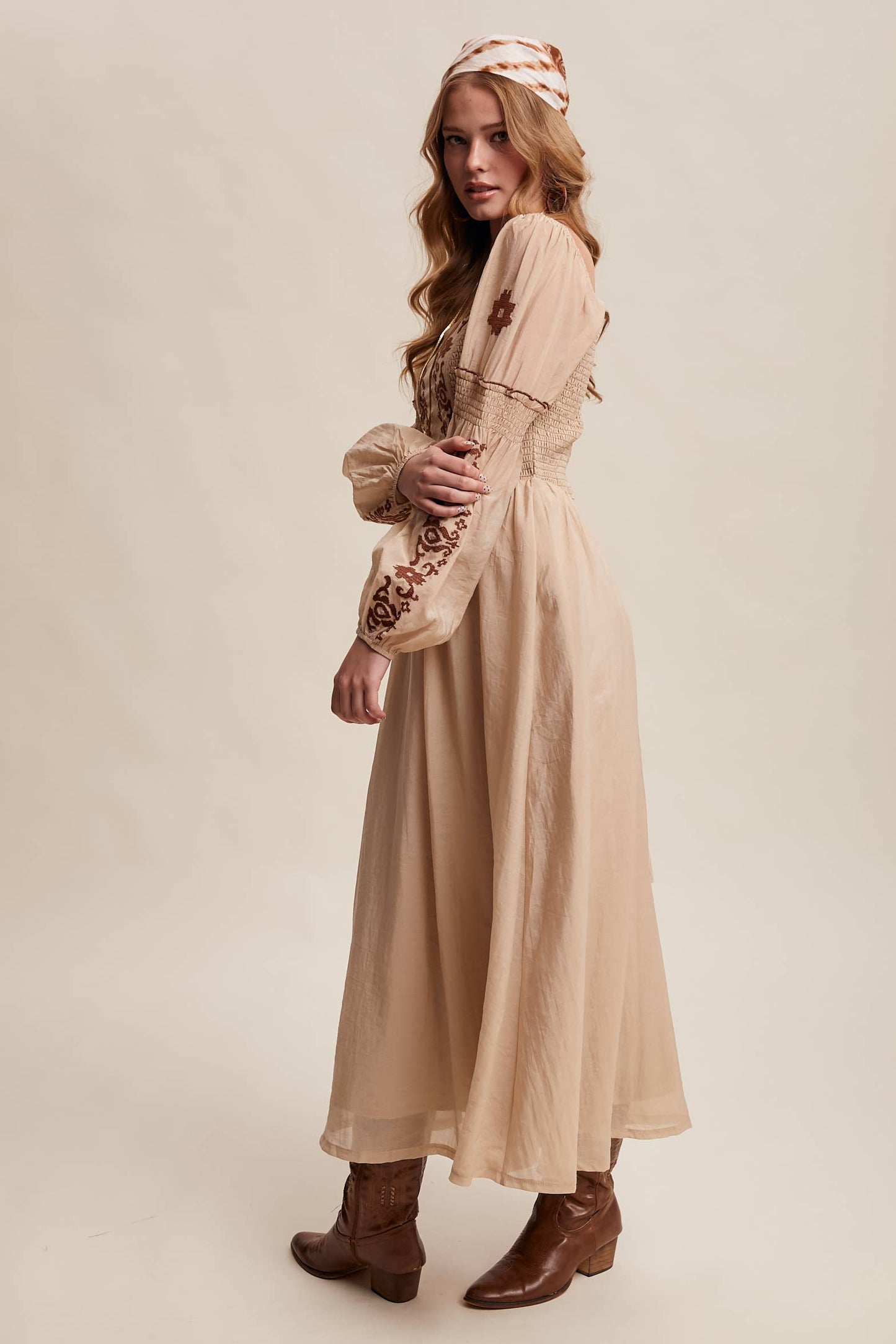 Emma Embroidered Square Neck Puff Sleeve Maxi Dress ~ Taupe