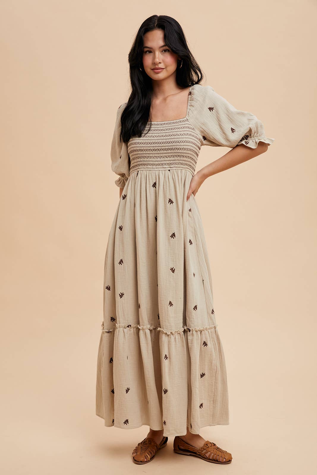 Emma Embroidered Cotton Gauze Smocked Maxi Dress ~ Linen