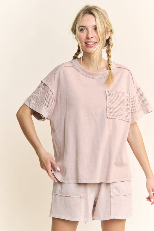 Matilda Mineral Wash Mesh Pocket Sleeve Top ~ Clay