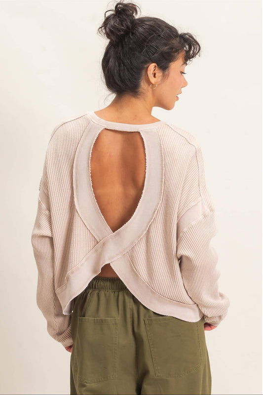 Mya Mineral Wash Waffle Open Back Top ~ Dark Taupe