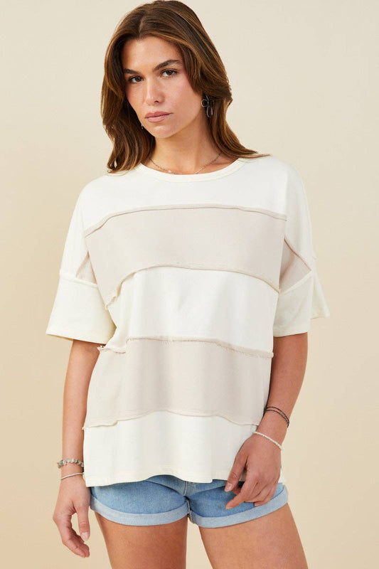 Regan Raw Edge Detail Color Block Top ~ Taupe/Cream