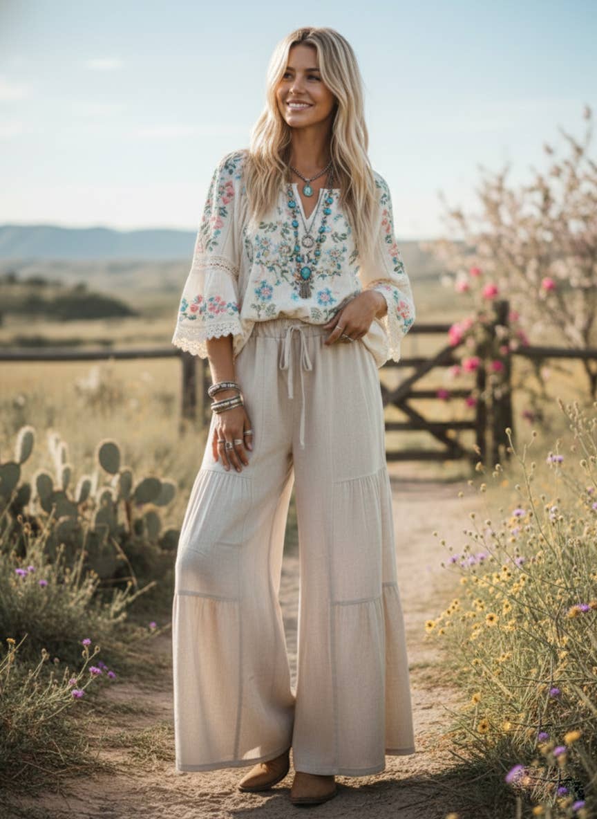 Linen Blend Tiered Wide Leg Palazzo Pants~Natural