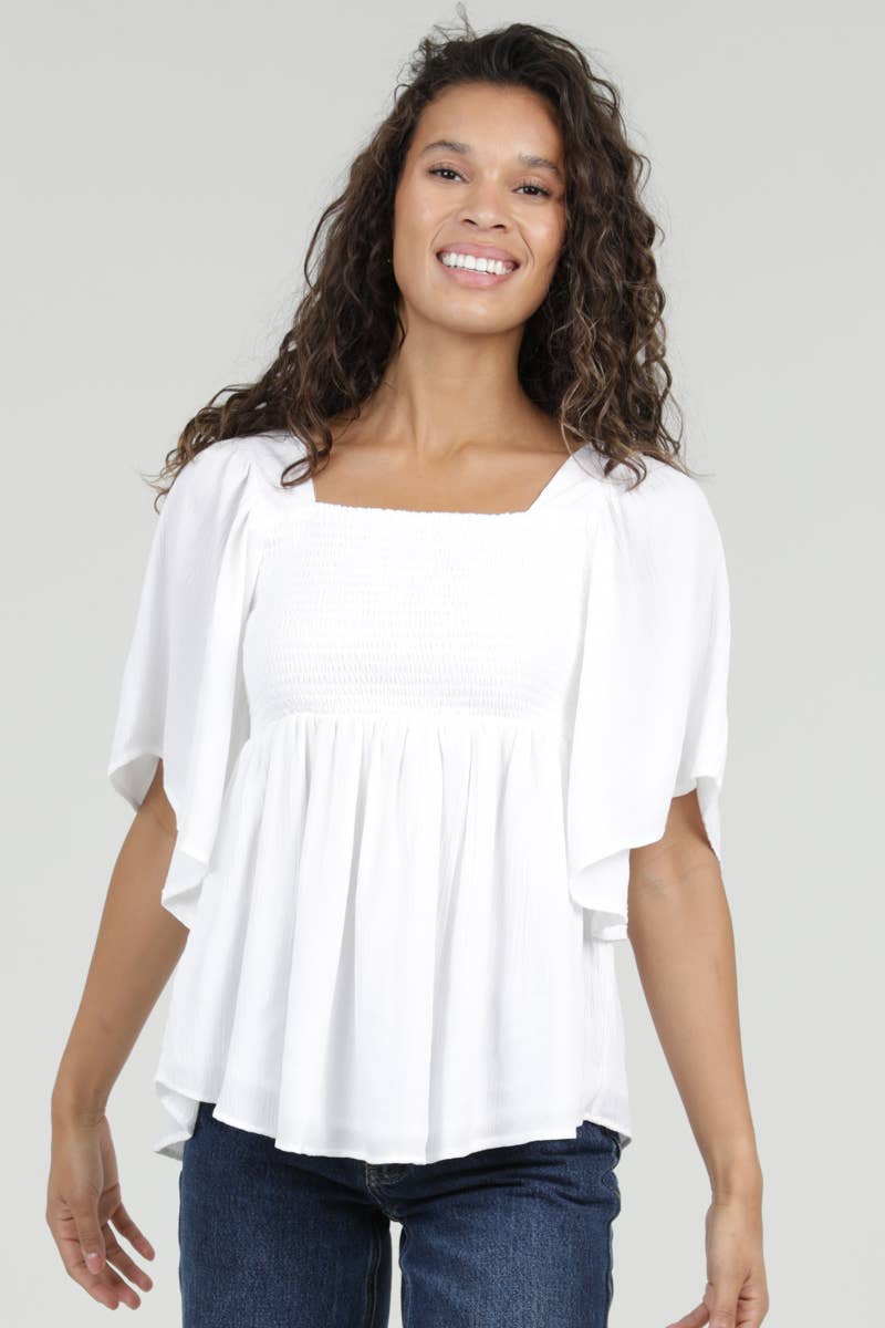Samatha Smocked Wide Sleeve Top ~ White