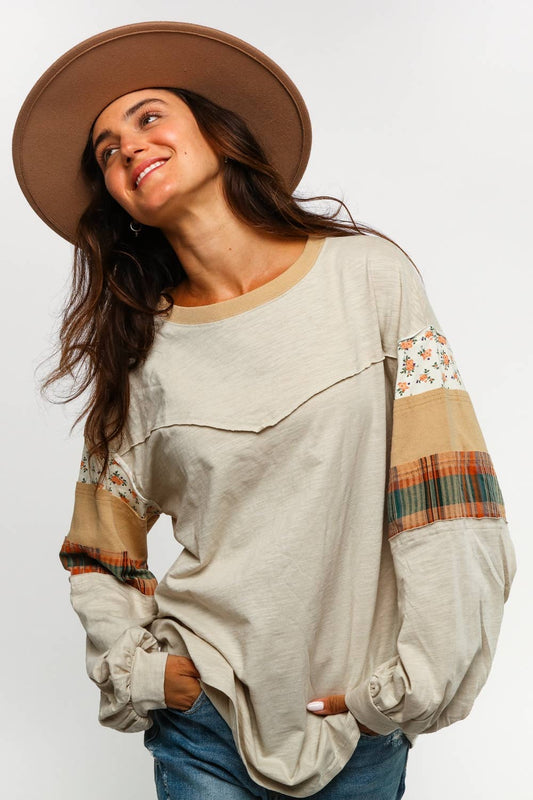 Tinsley Floral Check Color Block Top ~ Oatmeal