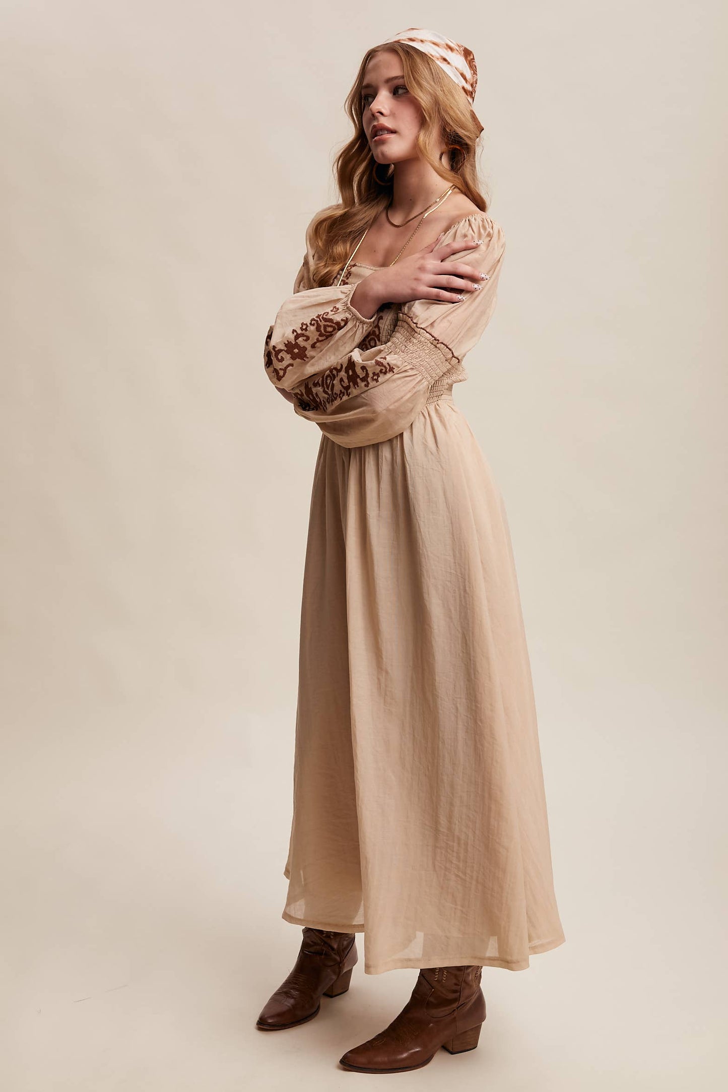 Emma Embroidered Square Neck Puff Sleeve Maxi Dress ~ Taupe