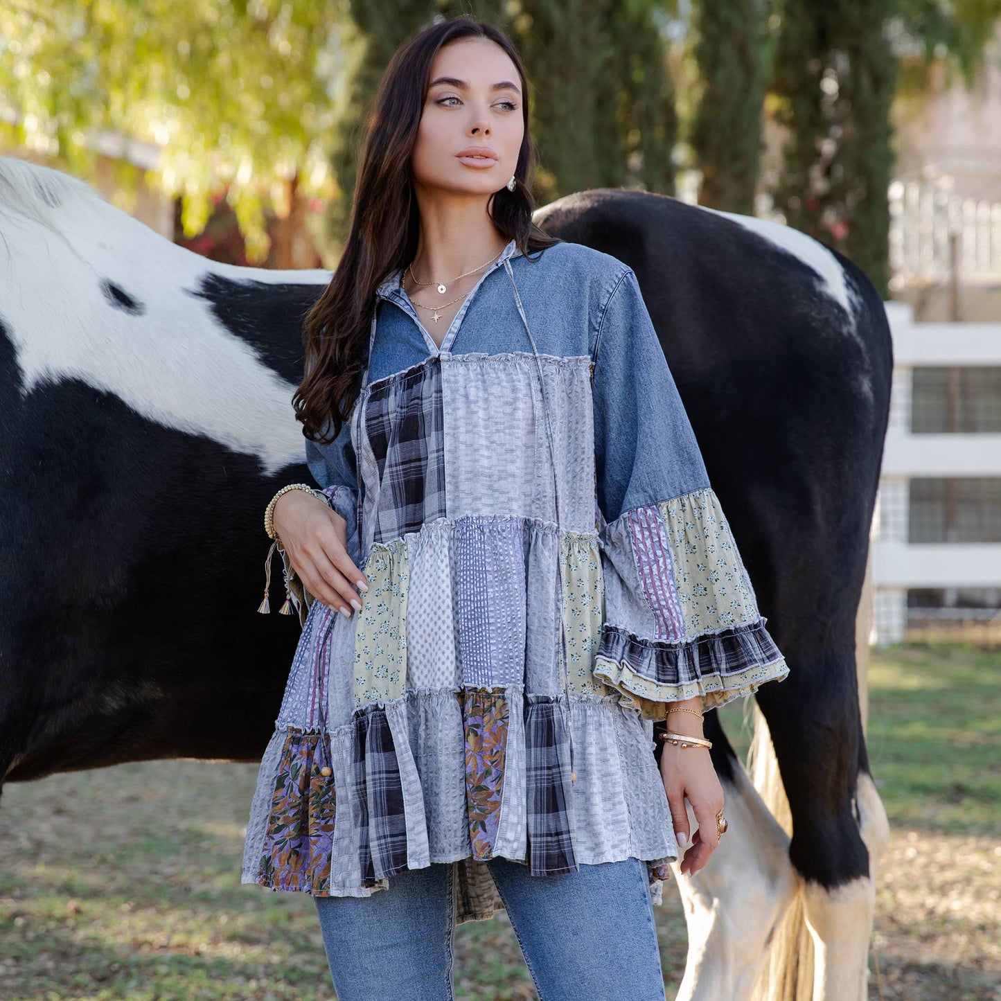 Amelia 3/4 Sleeve Jhabla Patchwork Top - Light Denim