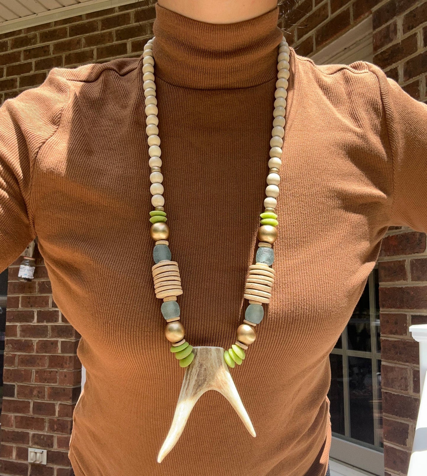 Long Deer Antler Chunky Beaded Necklace
