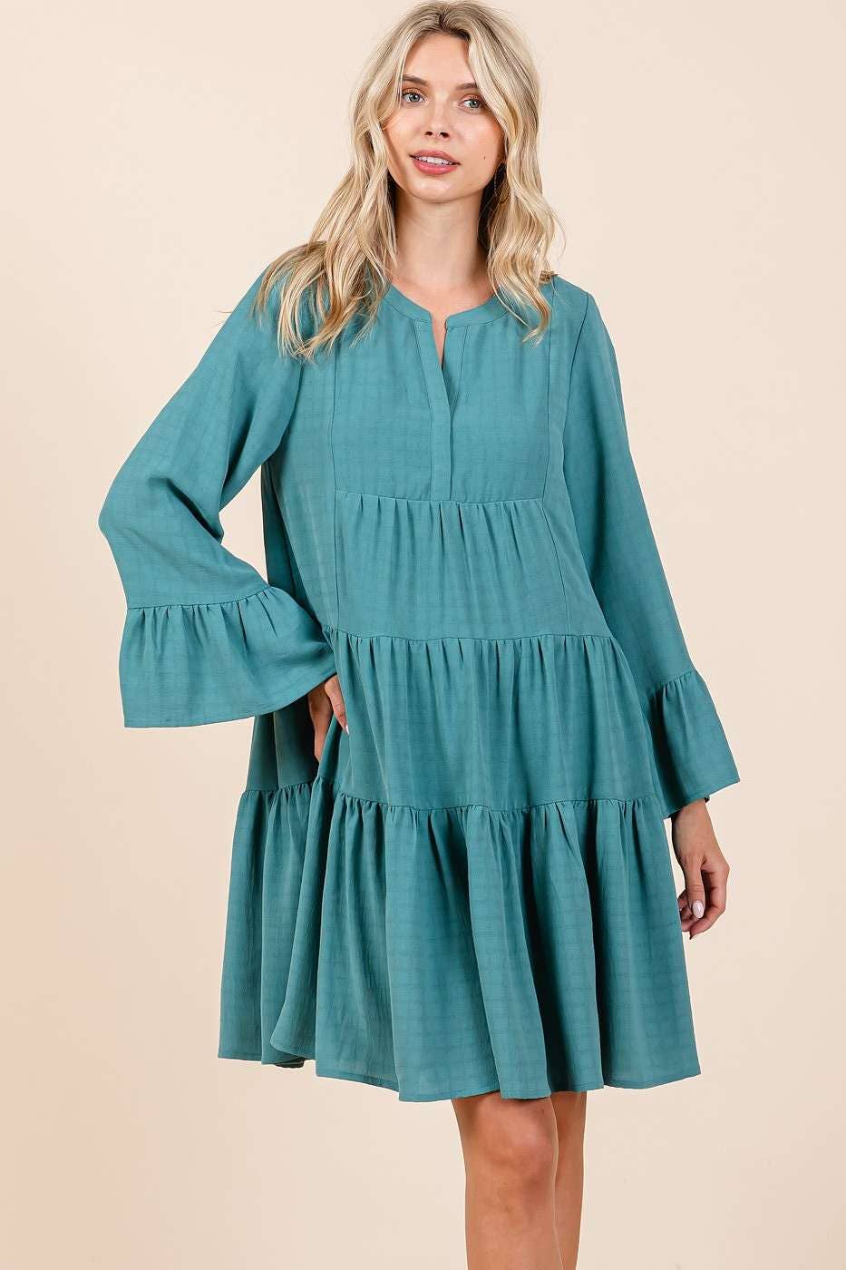 Becca Bell Sleeve Tiered Mini Dress ~ Seafoam