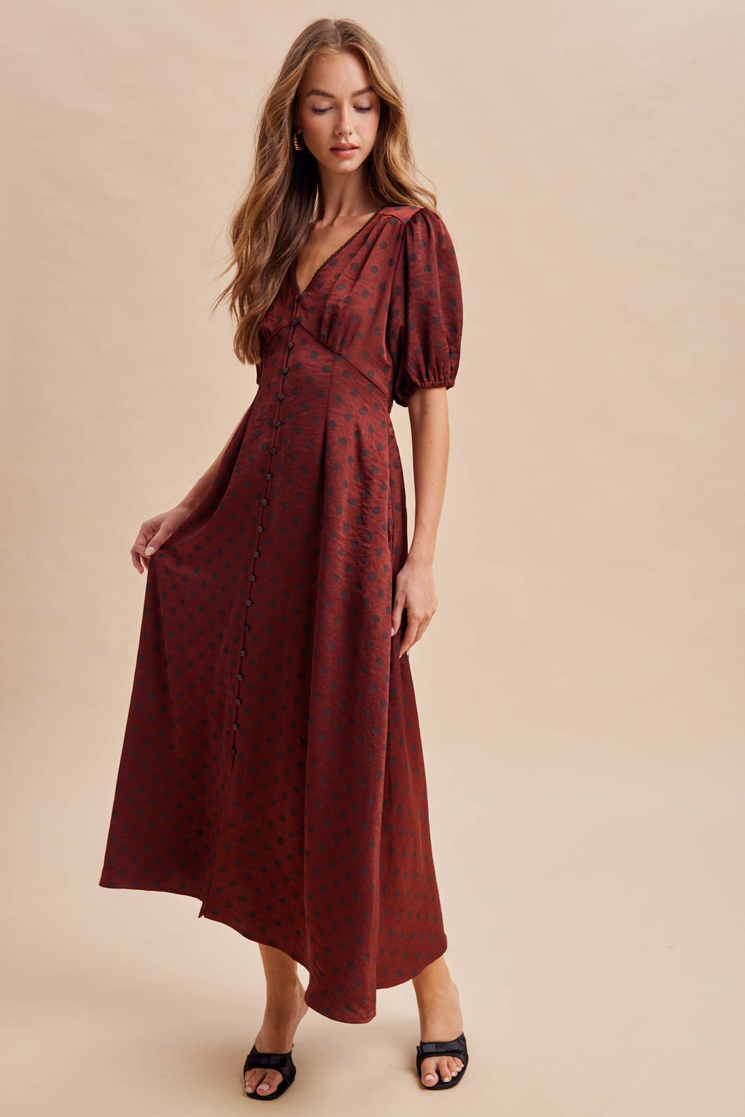 Melanie Satin Polka Dot Button Down Dress ~ Bordeaux