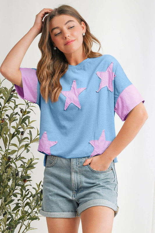 Charlie Frayed Pink Star Patchwork Top ~ Light Blue