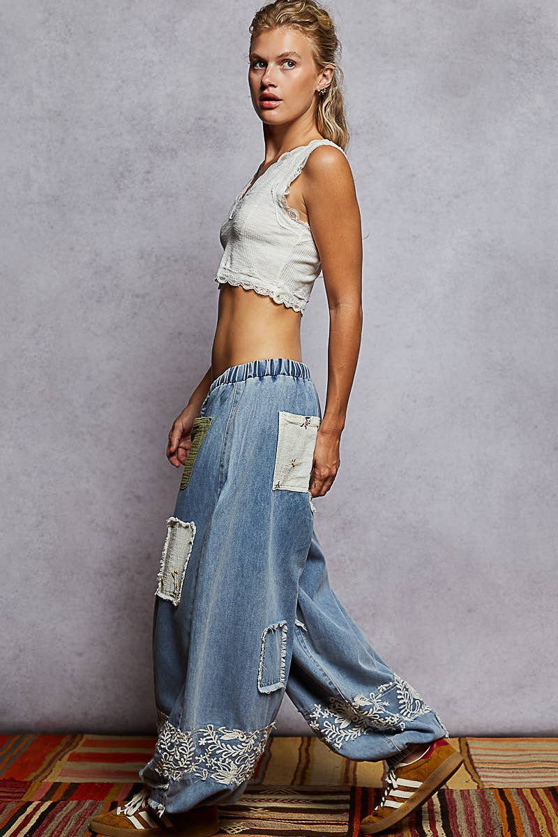 POL Floral Patch Lace Jogger Pant ~ Light Denim