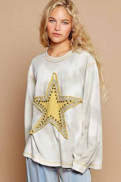 Zoey Vintage Studded Star Patch Top ~ Washed Grey