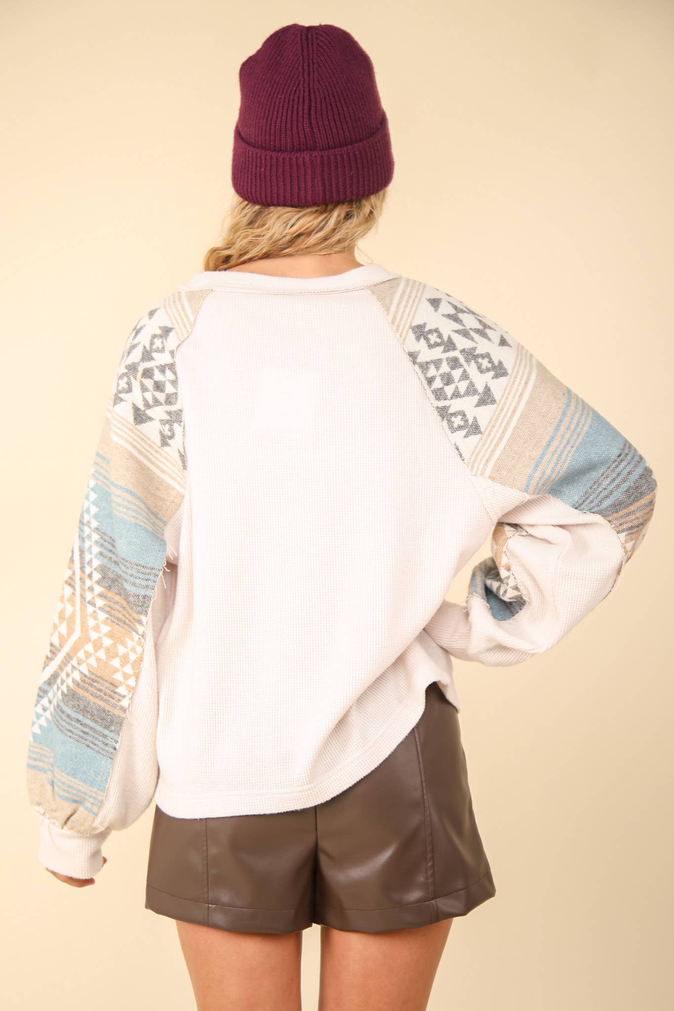 Audrey Aztec Printed Sleeve Oversized Cozy Knit Top ~ Cream