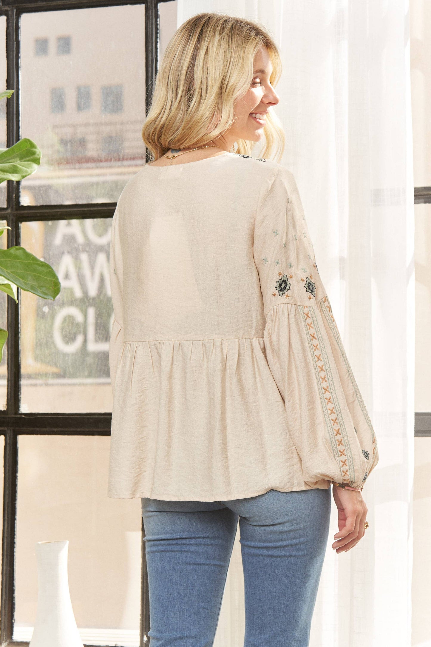 Blair Boho Embroidered Peasant Top ~ Oatmeal