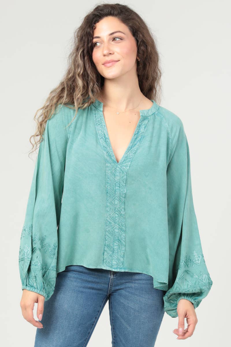 Regina V Neck Embroidered Top ~ Green