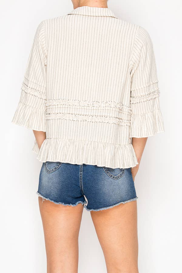 Phoebe Pinstripe Ruffle Top ~ Beige