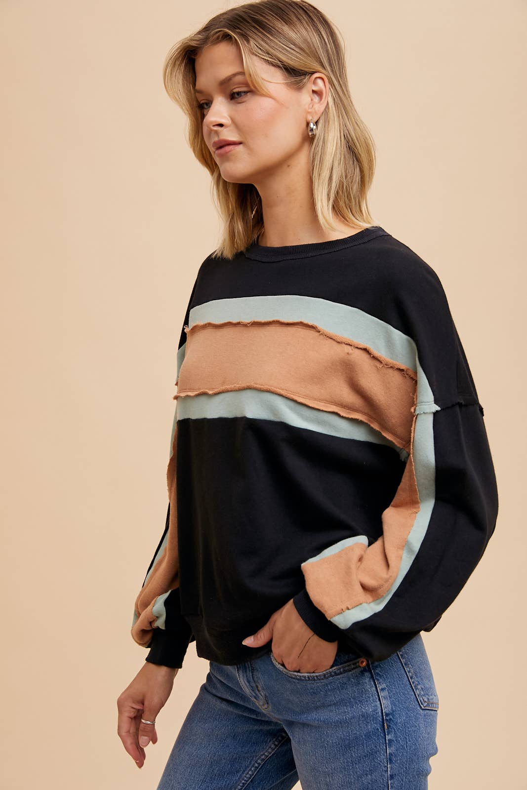 Shelly Stripe Raw Edge Colorblock Pullover ~ Black