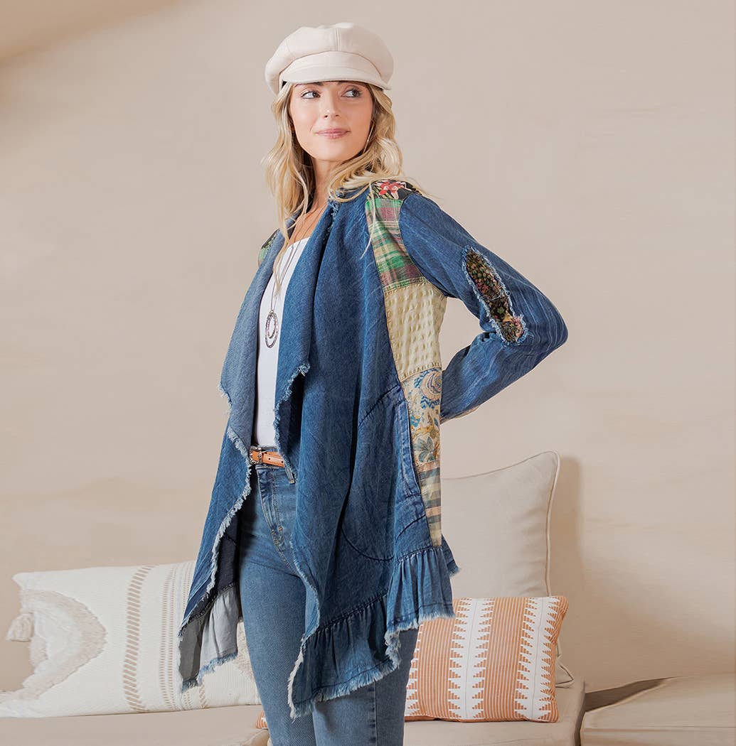 Piper Boho Patched Cardigan ~ Dark Denim