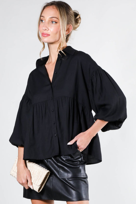 Bevie Balloon Sleeve Button-Up Top ~ Black