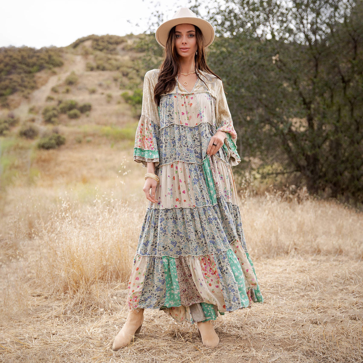 Jhabla Floral Patchwork Maxi Dress ~ Sand