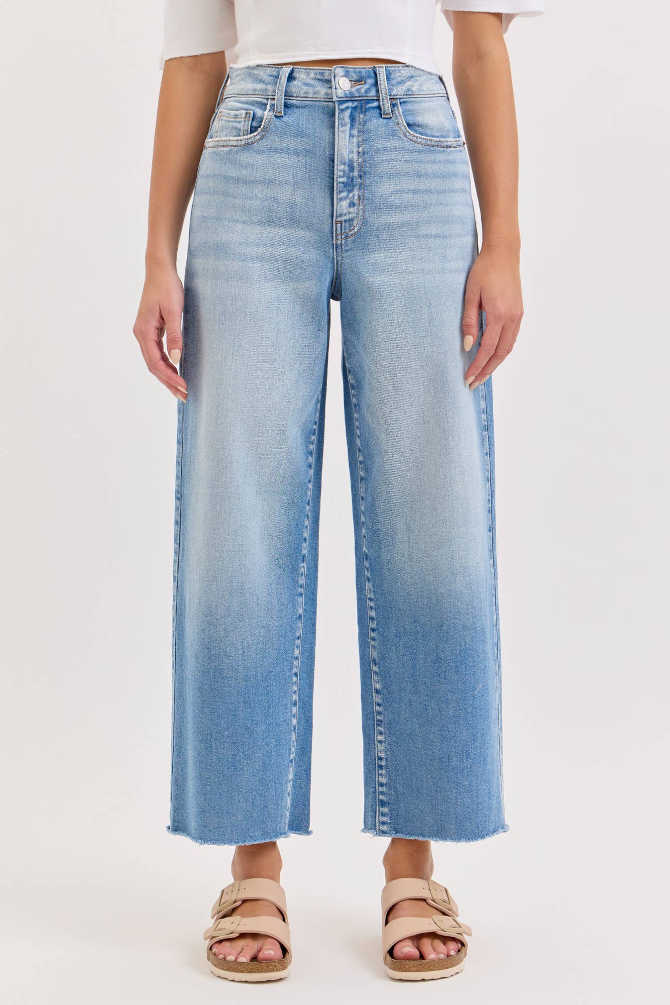 Harlow High Rise Raw Hem Crop Wide Leg Jeans ~ Light Denim
